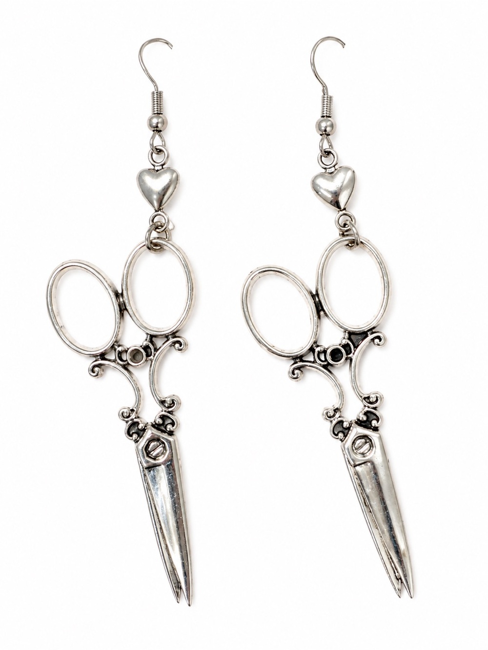 Silver Scissor Drop Earrings for Women - Heart Accent